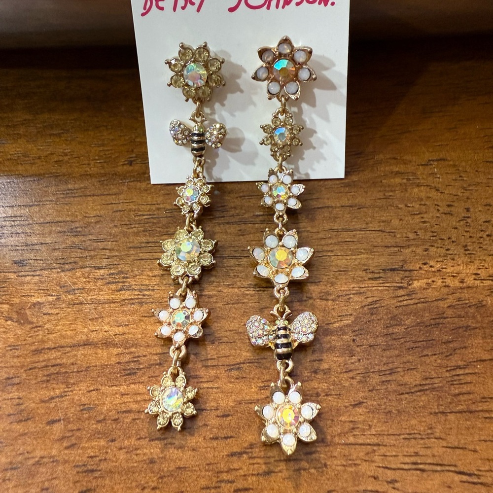 Betsey Johnson Gold Floral and Bee Drop Earrings